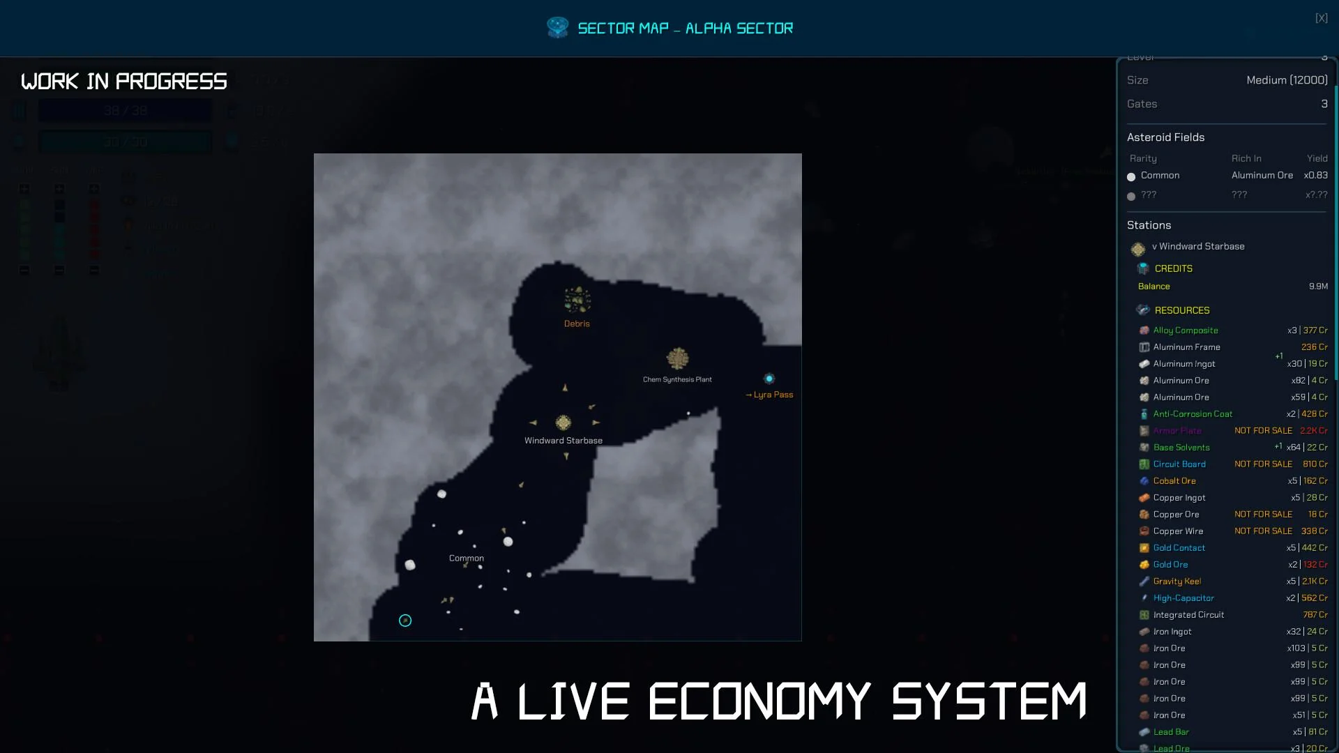 Mapa sektora Alpha z polami asteroid, stacjami, zasobami i żywą gospodarką