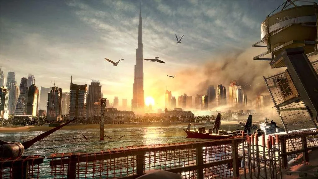 A harbour at sunset with a tall spire, seagulls and a red boat beside a sealed tower