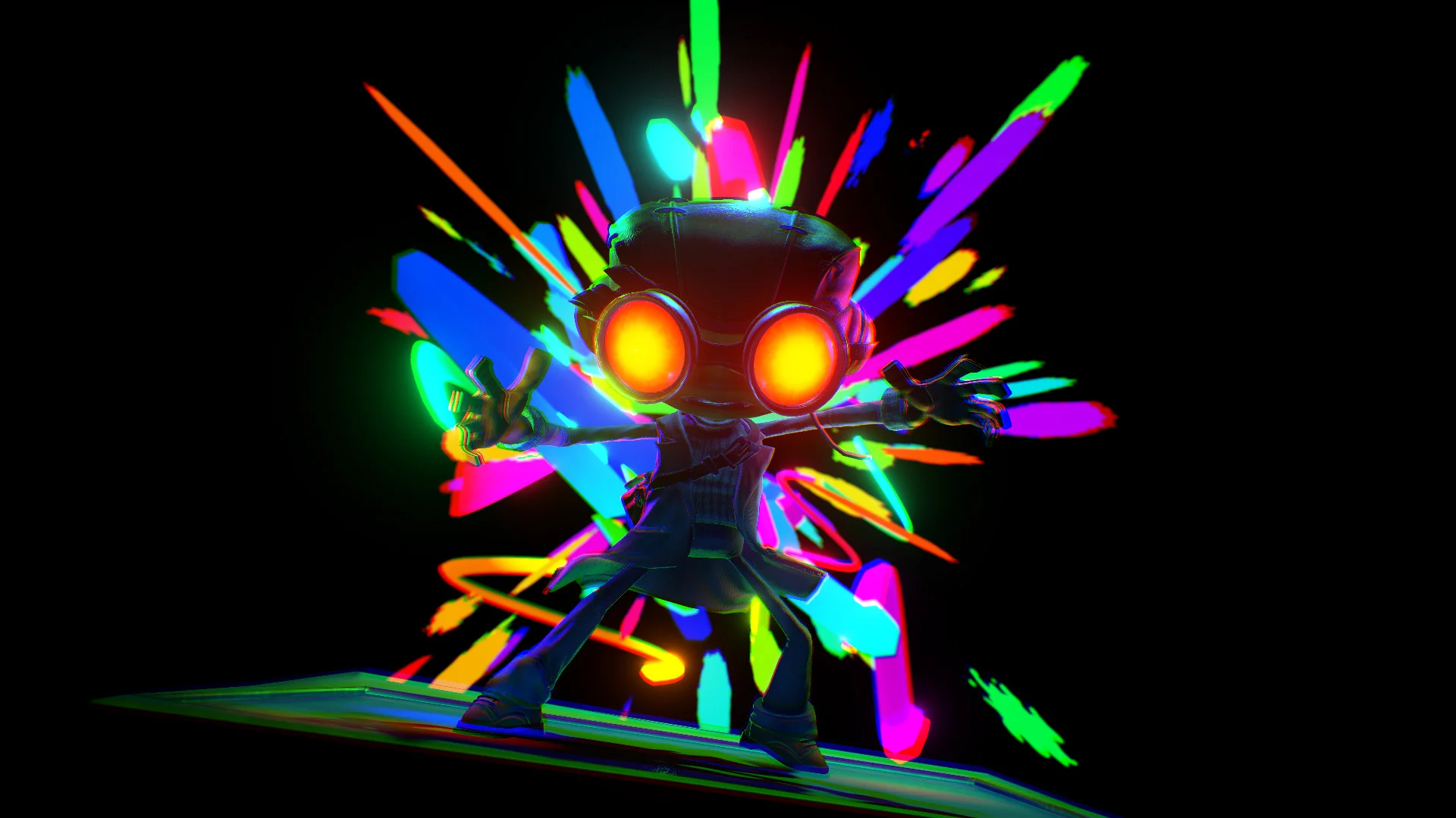 Raz stands with arms out against a burst of neon paint strokes