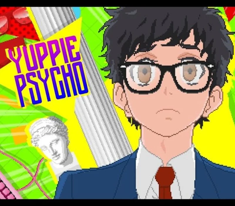Pixelowy mężczyzna w niebieskim garniturze, okulary i czarne włosy, fioletowo-niebieski YUPPIE PSYCHO na żółtym pop-art z kolumną i popiersiem