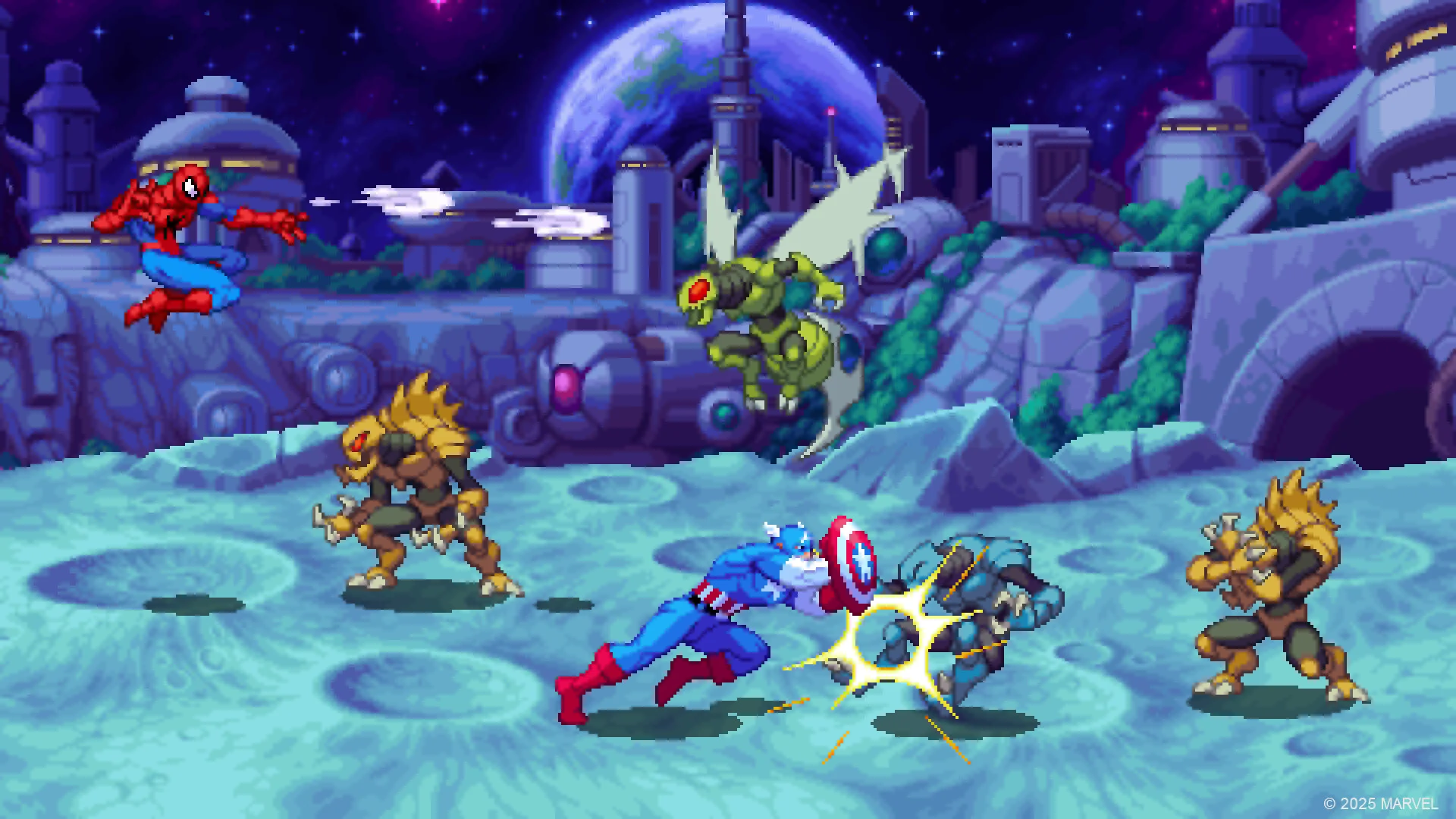 Pixel Spider-Man leaping while Captain America shield-bashes a foe on a lunar surface