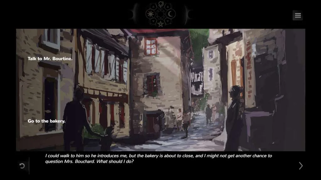 Painted village alley with red shutters and silhouettes, choices Talk to Mr. Boutine or Go to the bakery under a moon-phase HUD