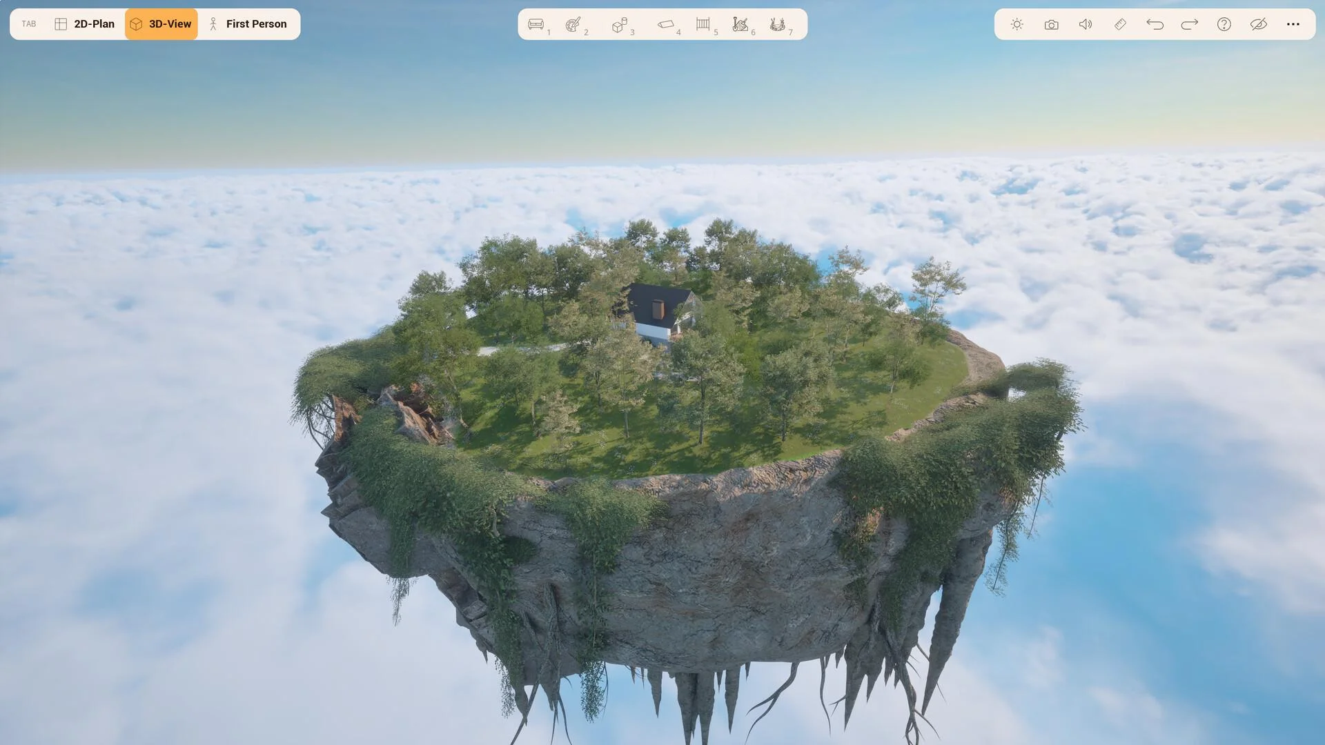 3D-View: floating cloud island plot, dark-roof house in trees, 2D-Plan First Person tabs