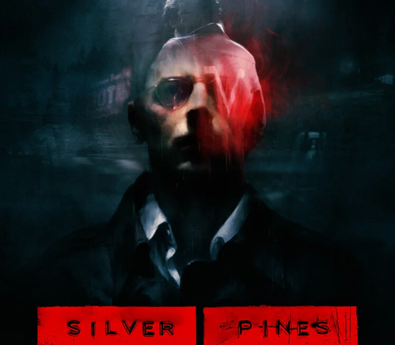 A pale man in round glasses and a dark coat, half his face washed in red glare, SILVER PINES in a torn red bar at the bottom