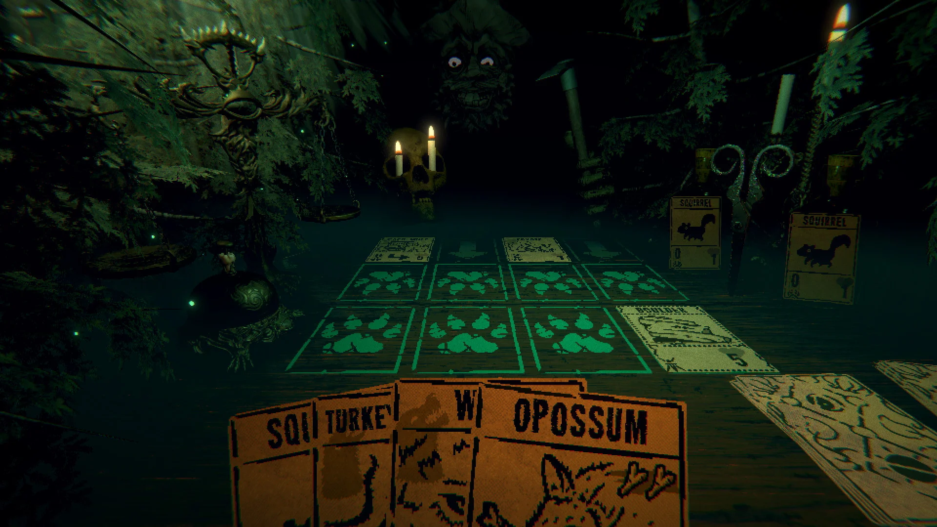 Dark cabin table with squirrel cards, an opossum in hand, candles and a skull scale