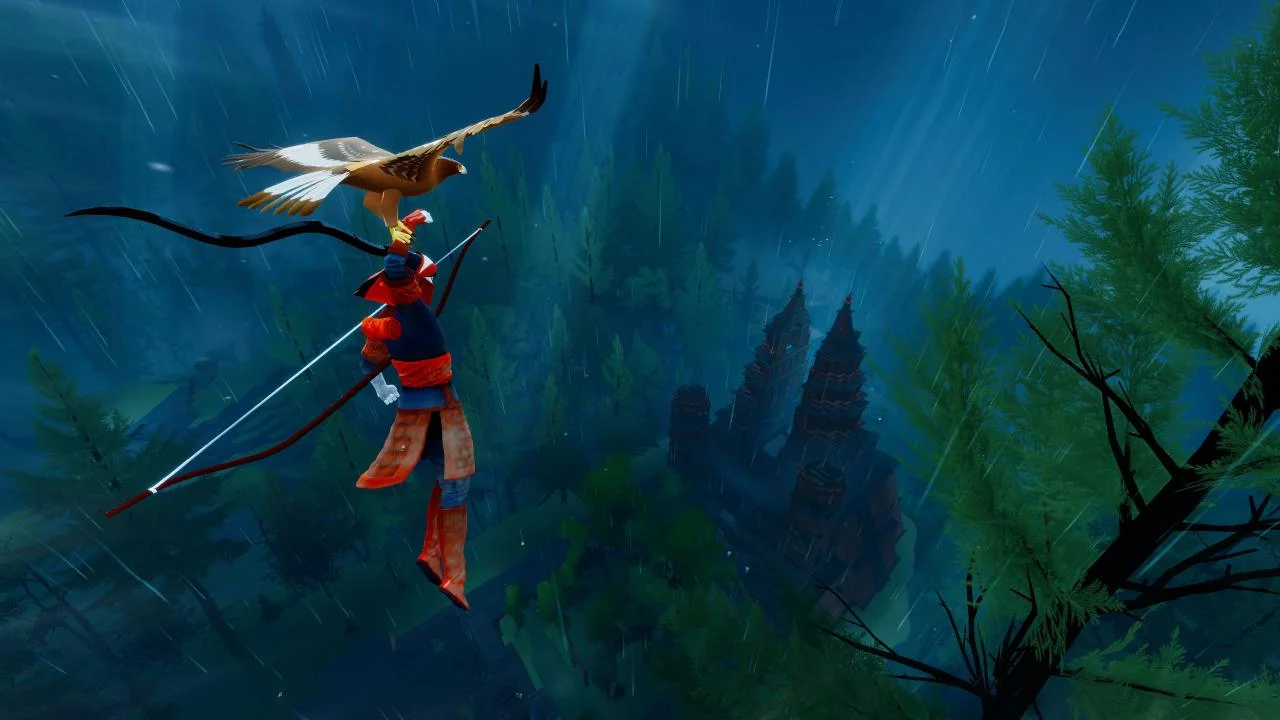 Archer hanging from an eagle over a rainy pine forest, pagoda roofs below, long black scarf trailing