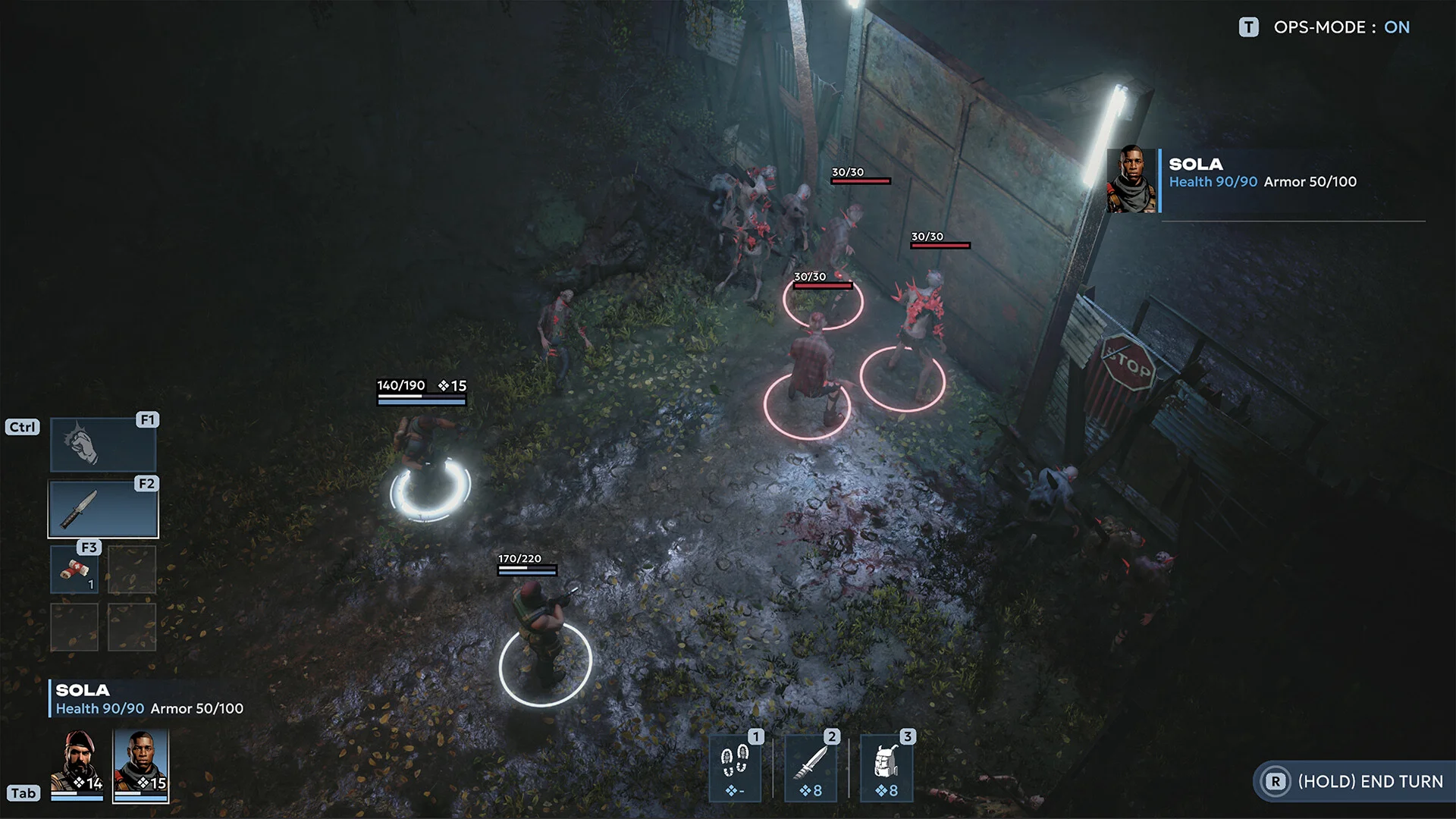 Tactics map, SOLOLA health bars, white move rings, pale figures in a dark yard, OPSMODE ON