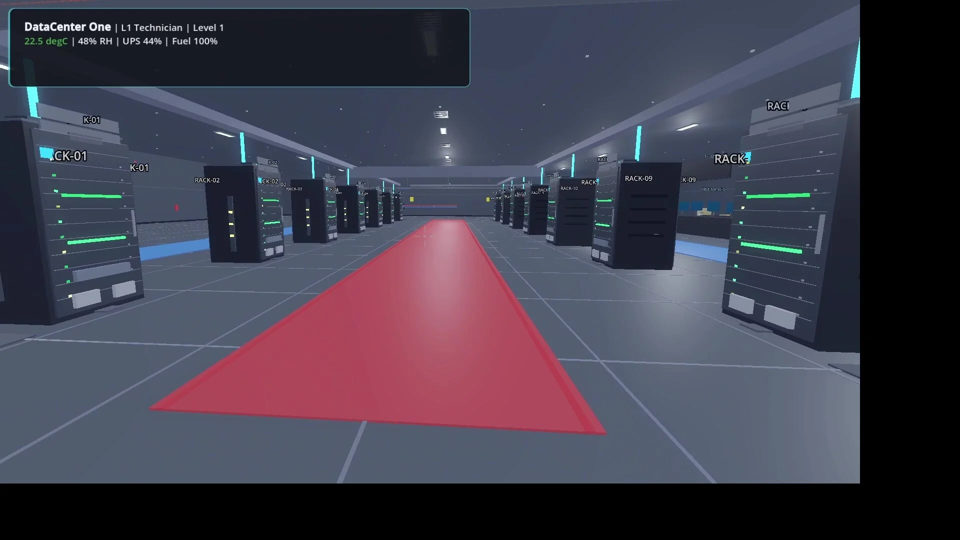First-person view down a grey hall with a red aisle runner, labelled racks K-01 and RACK-09, HUD DataCenter One L1 Technician Level 1
