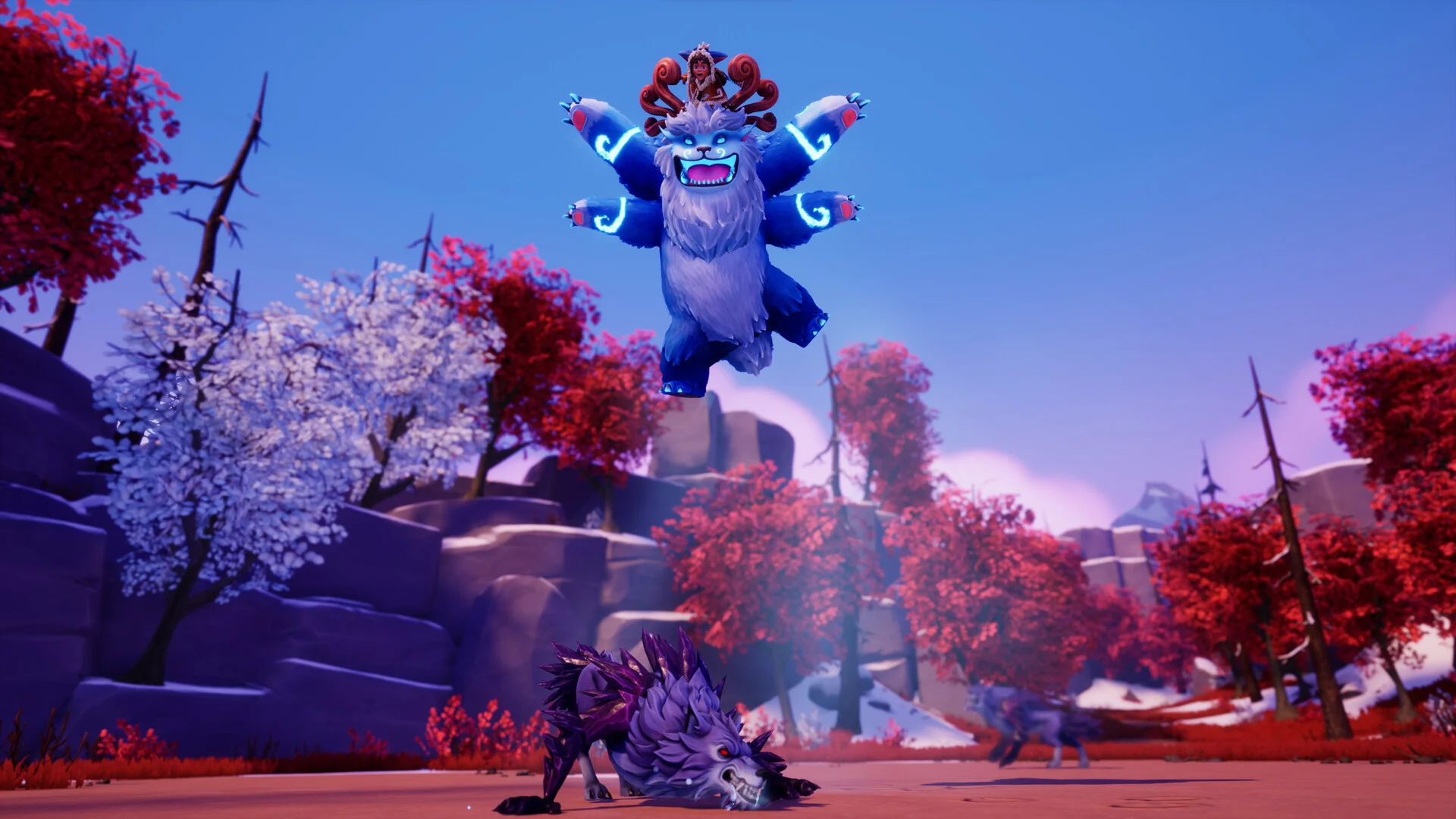 The yeti leaps through a snowy forest of red trees