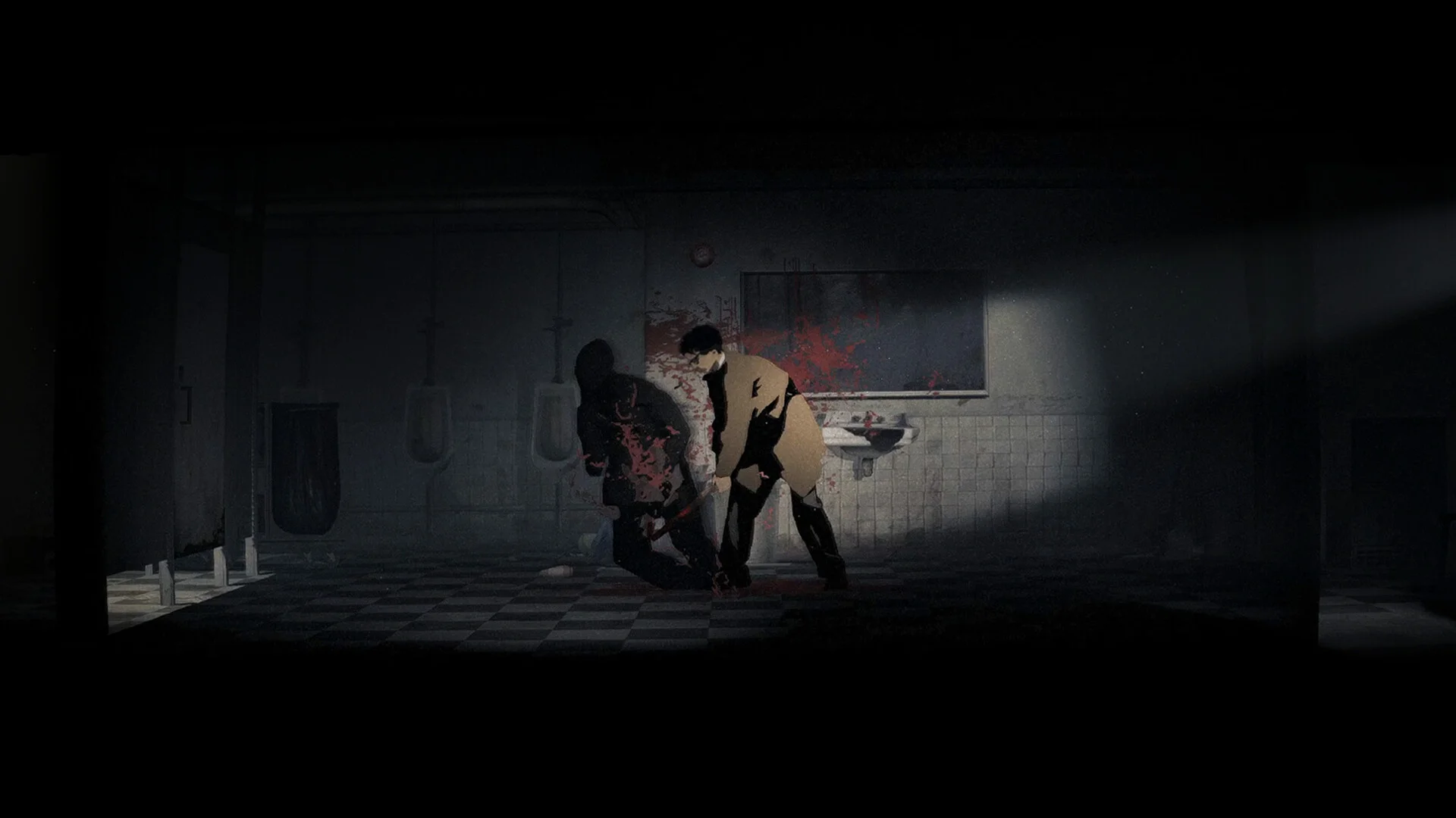 A tiled public bathroom, a figure in a tan coat swinging a bat at a dark silhouette, blood on the wall above a sink