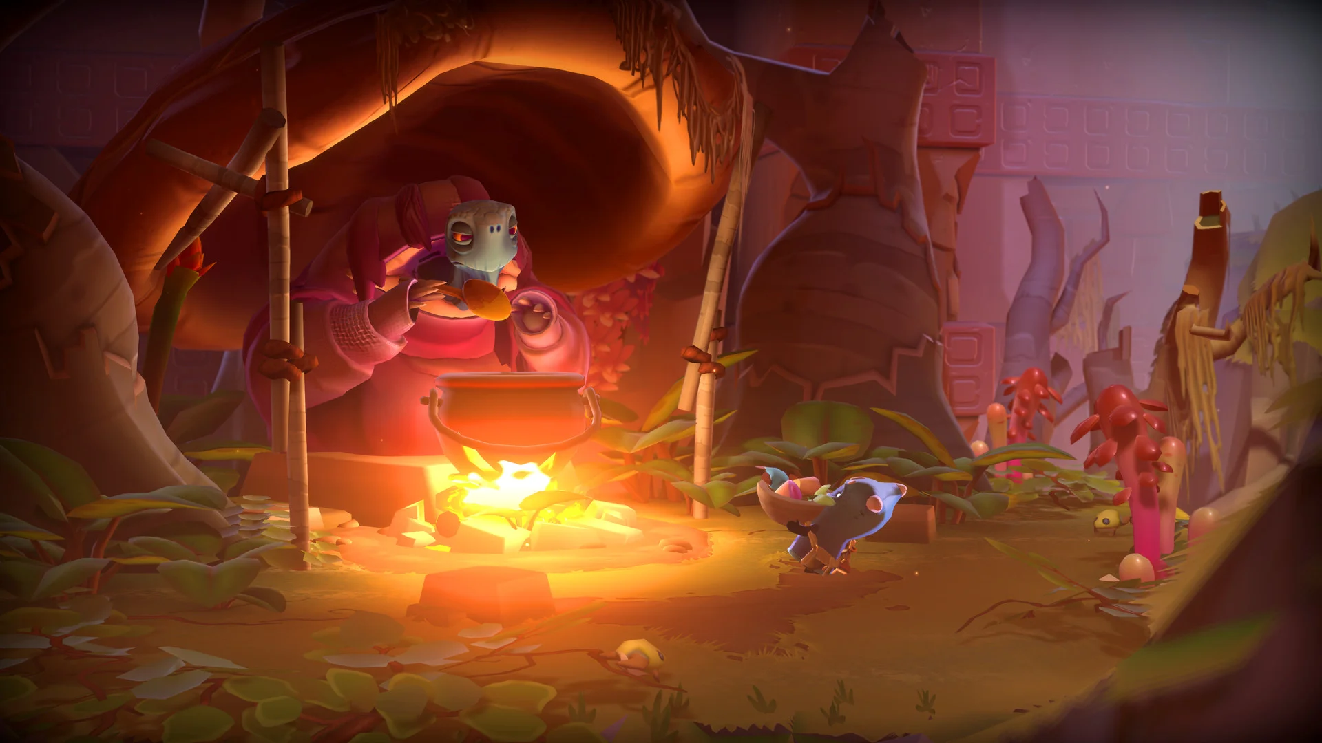 Large lizard in a red cloak under a hide tent, cooking pot over a fire, small blue creature watching