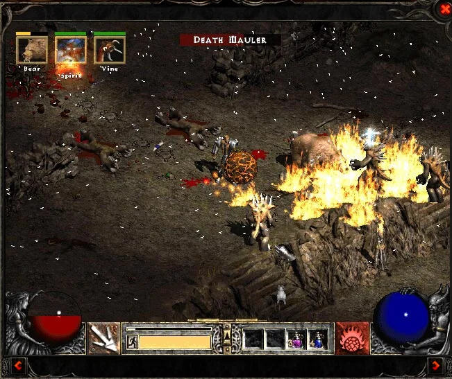 Diablo II Necromancer army in a catacomb room