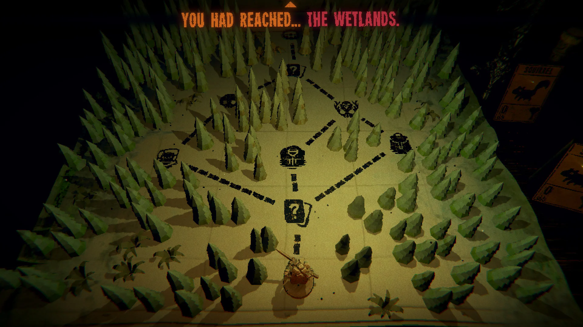Top-down forest map of pine trees and path nodes titled You had reached the Wetlands