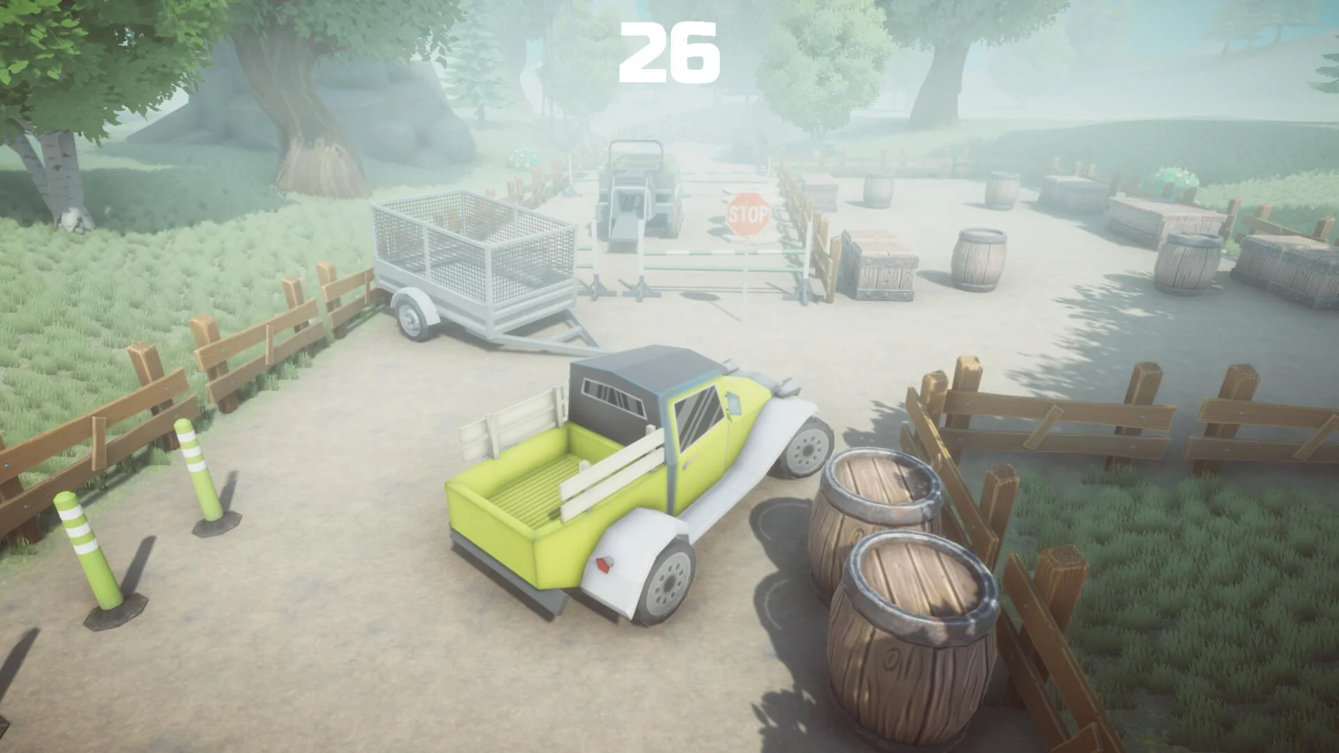 Farm Racing pushing crates past spinning saws on farm platforms