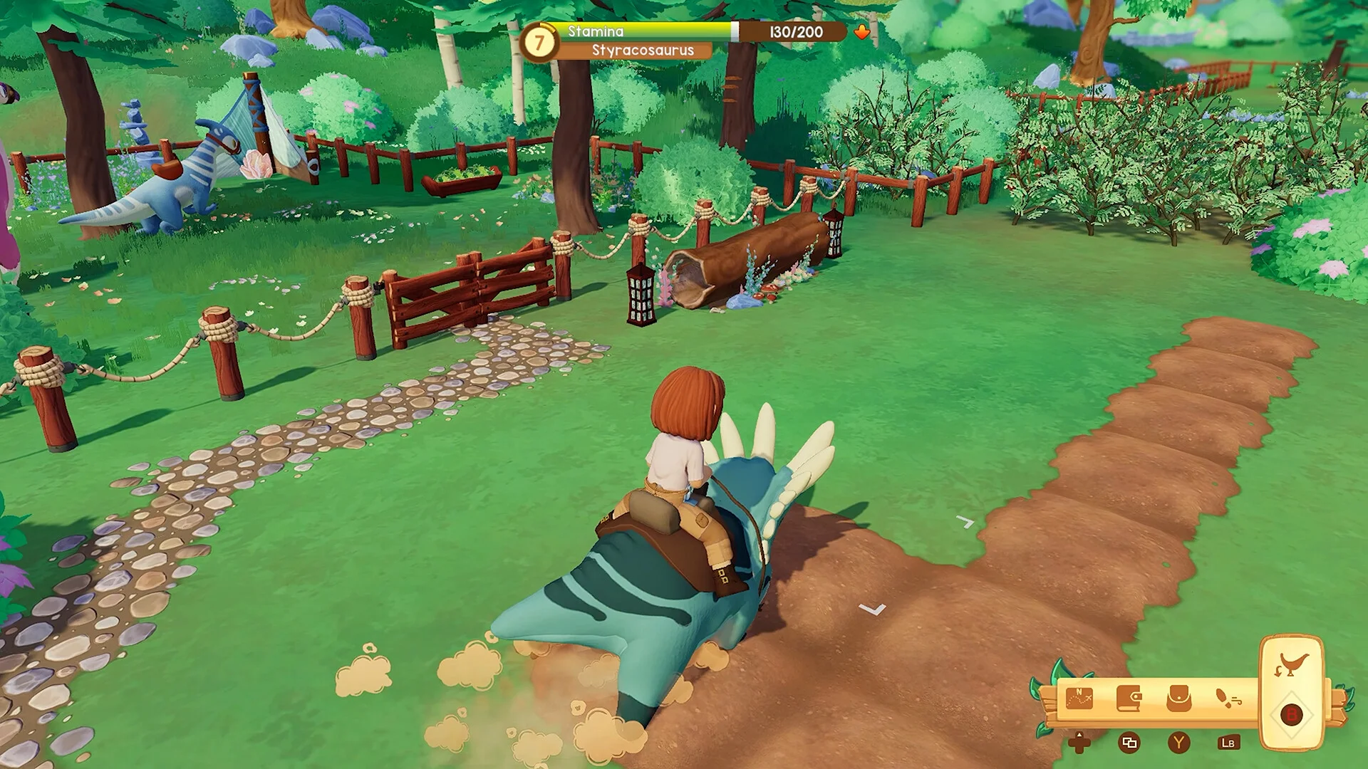 Riding a teal Styracosaurus, stamina 130/200, rope fences and a log on the ranch path