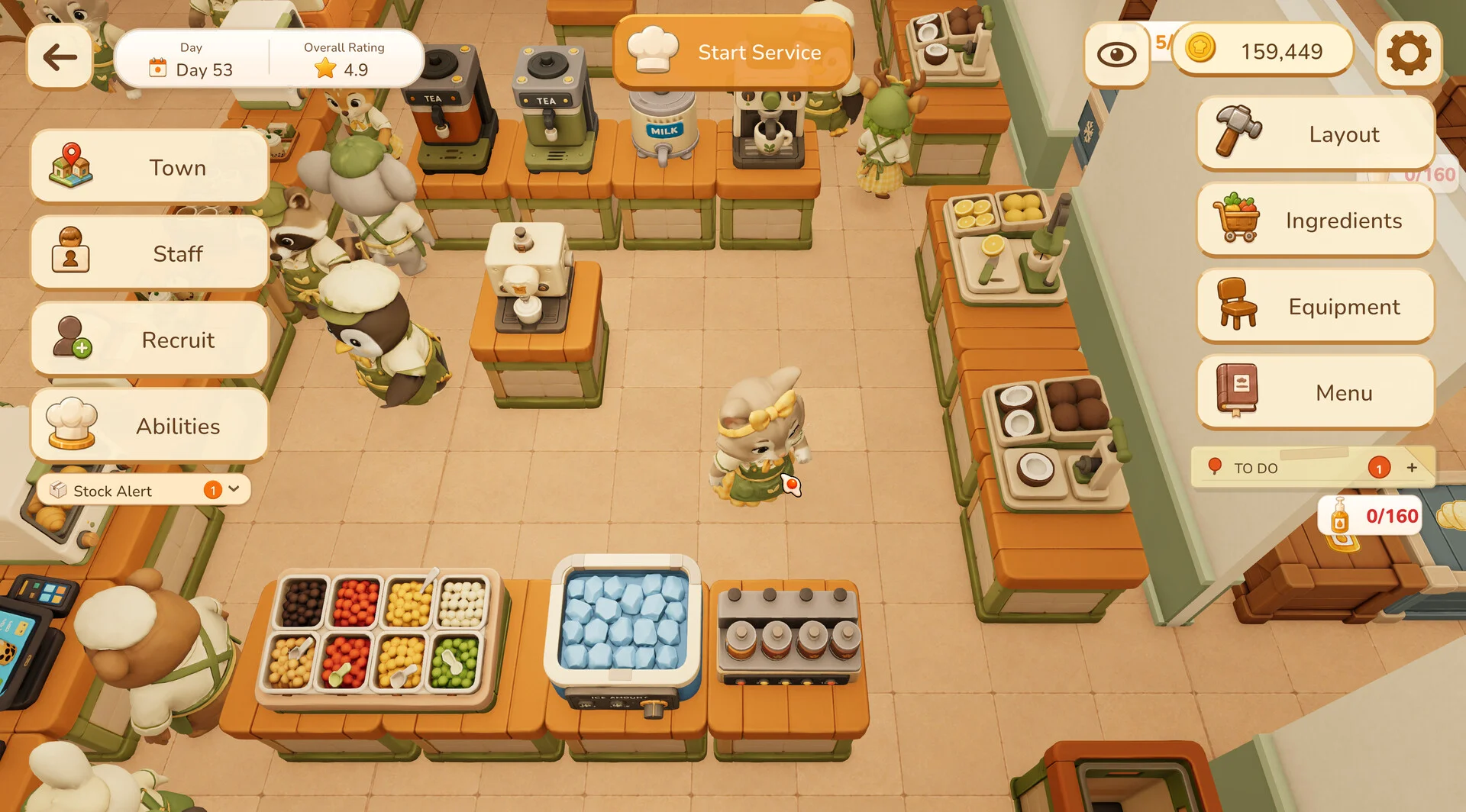 Restaurant management view with staff, ingredients, equipment and menu controls