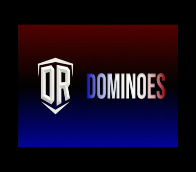 Logo tarczy DR obok napisu Dominoes przechodzącego z niebieskiego w czerwień