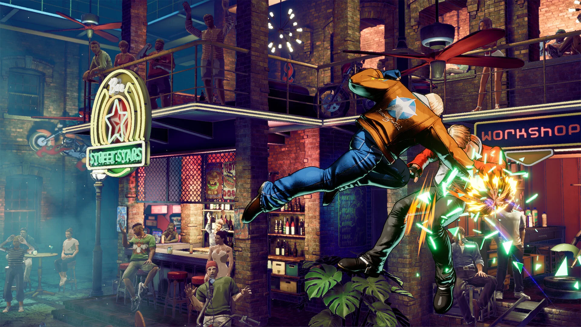 Orange-jacket fighter strikes with a green and gold burst in a workshop bar