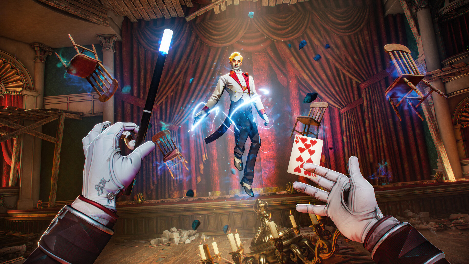 Magicians: The Devil's Deal first-person view of a wand and playing card aimed at a floating magician on a theatre stage