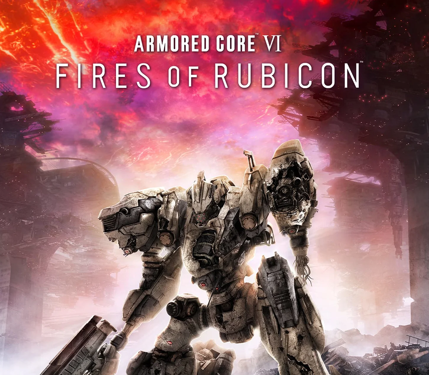 Armored Core VI cover of a battered white mech under a red sky with Fires of Rubicon title
