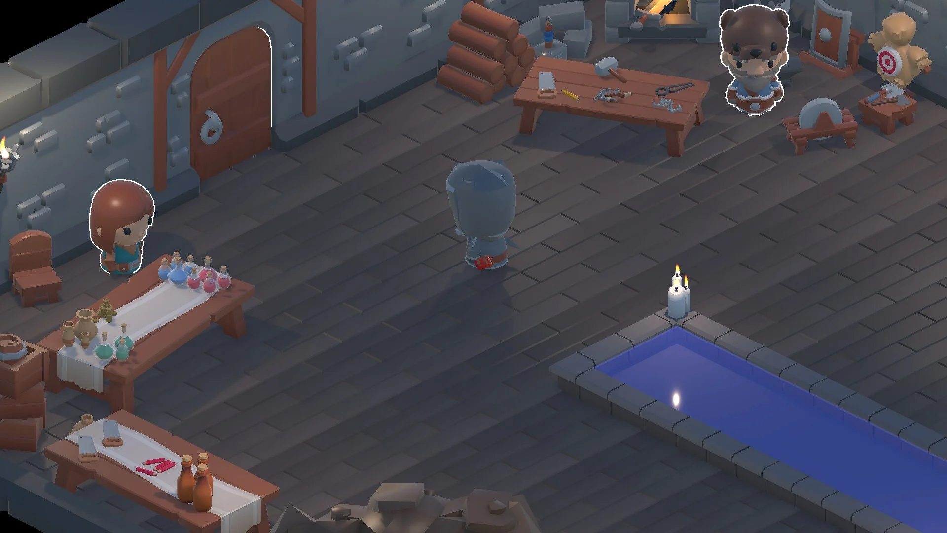 Hub hall with potion tables, an otter smith and a small pool