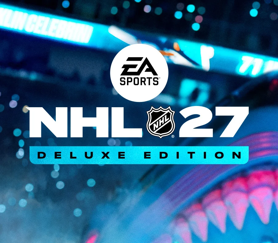NHL 27 Deluxe Edition cover with EA Sports logo over blue arena lights and shark jaws
