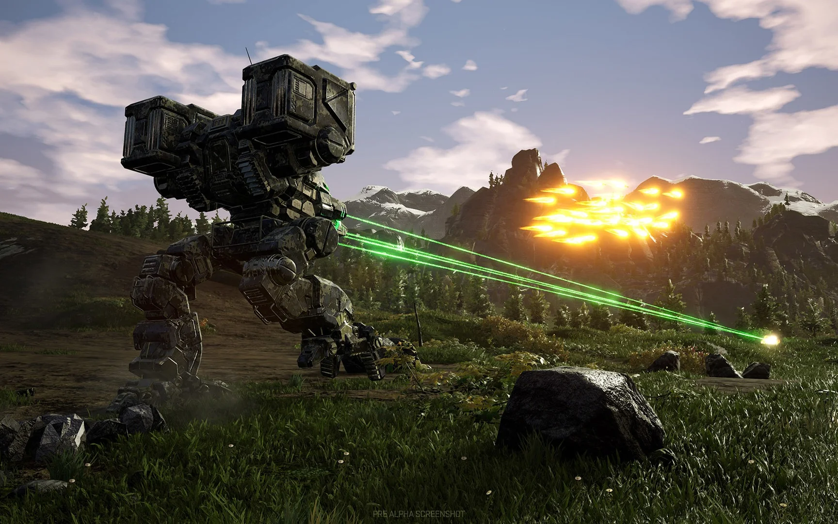 A camo BattleMech firing twin green lasers across a grassy valley toward a fireball