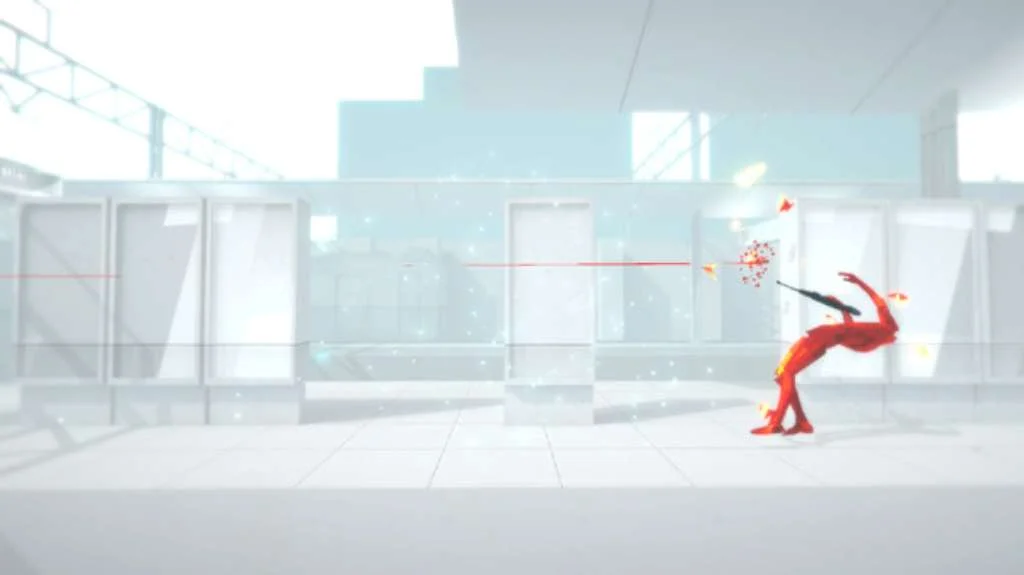 Red crystal figure leaning back as a red tracer hits, black pistol in the far hand