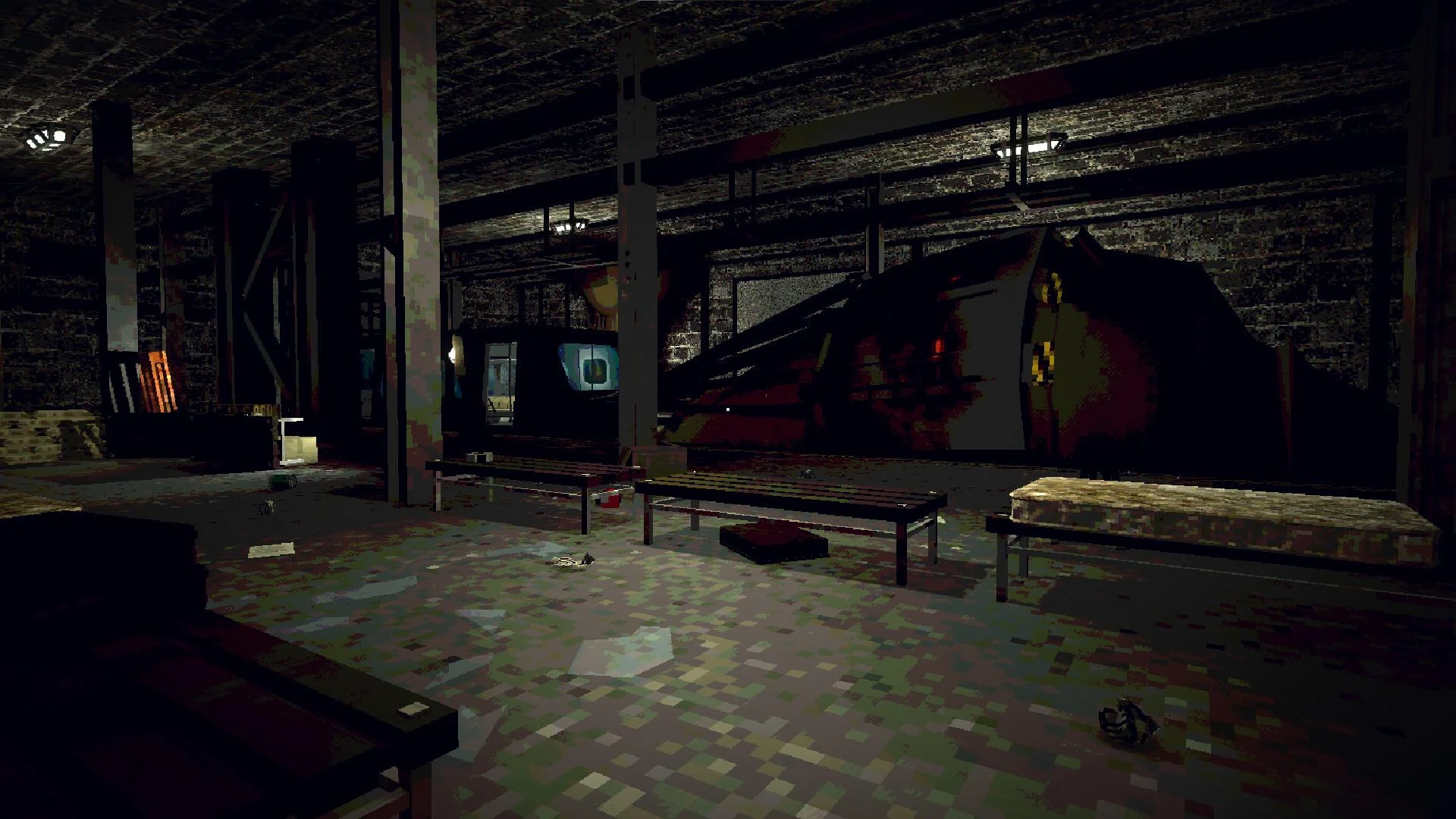 Brick warehouse, tiled floor, wooden benches, tarp heap with a yellow mark and a small CRT glow