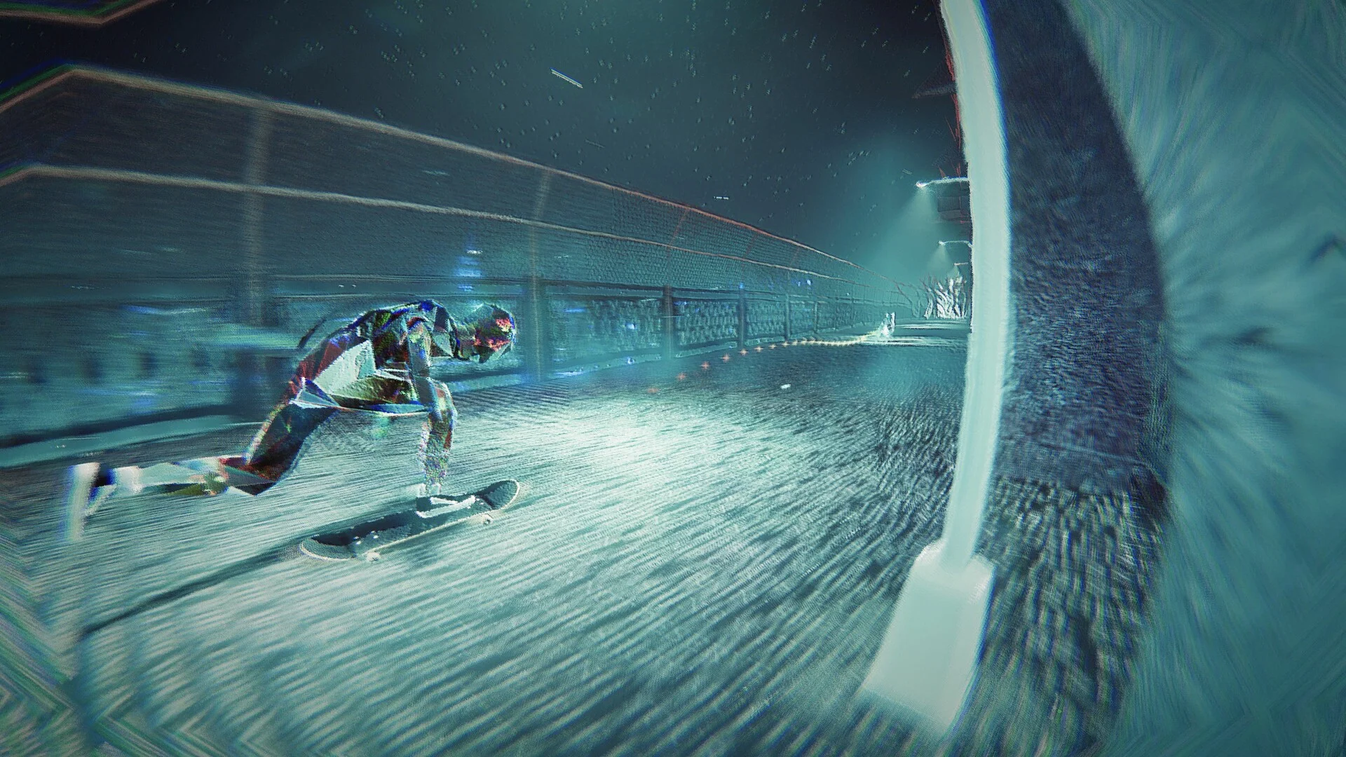 A low grind along a cyan ledge at night