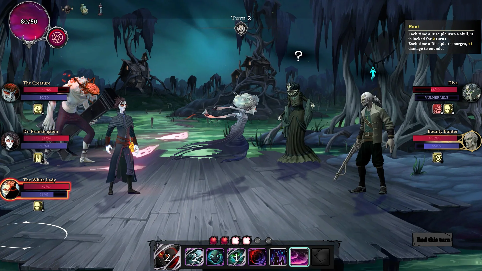 A character striking a creature in a purple town.
