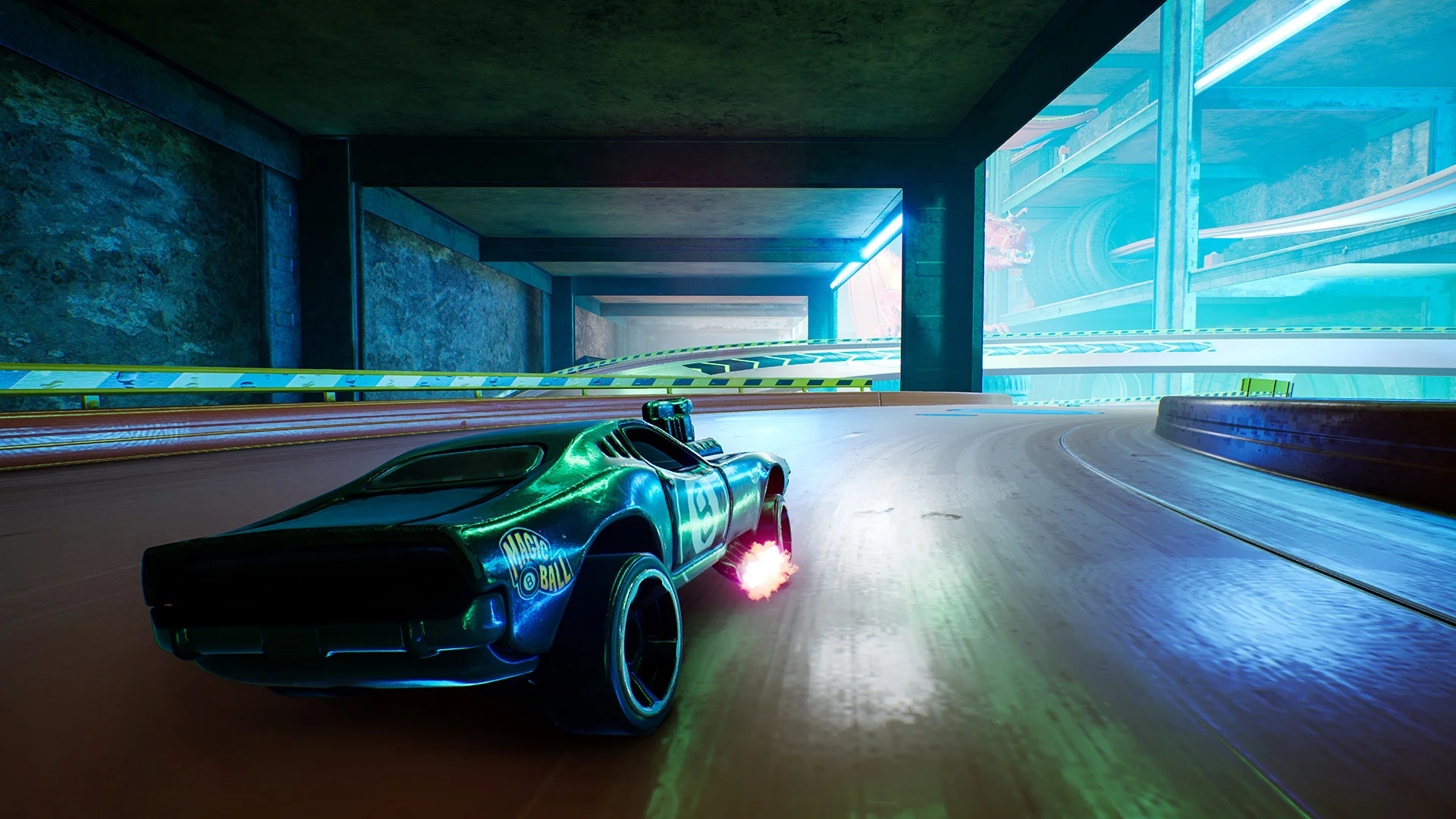A black muscle car with green lights in a teal corridor.