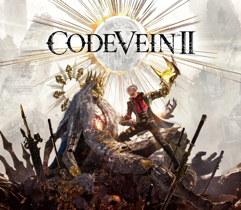 CODE VEIN II cover of a white-haired fighter with a gold claw beside a crowned figure with a glowing chest