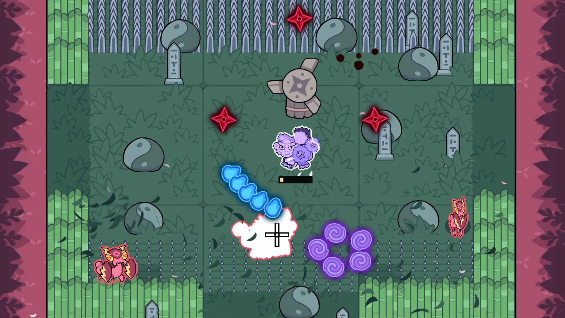 Top-down bamboo shrine: purple rider, blue bubble trail, ninja stars and yin-yang stones