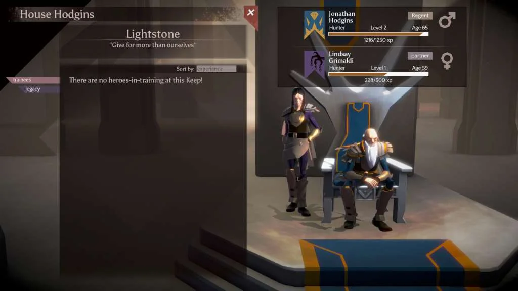 Two armored figures standing in a menu hall.