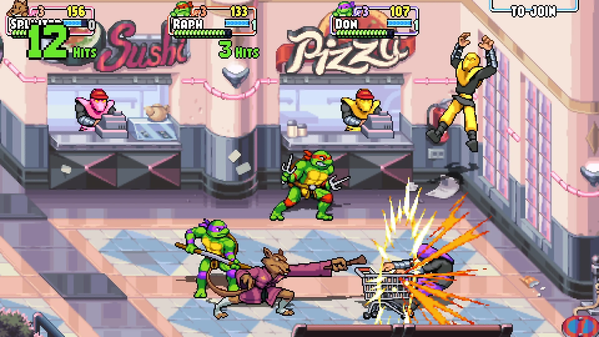 Splinter knocks a Foot soldier into a shopping cart in a sushi and pizza mall while Raphael and Donatello fight, TO JOIN on the HUD