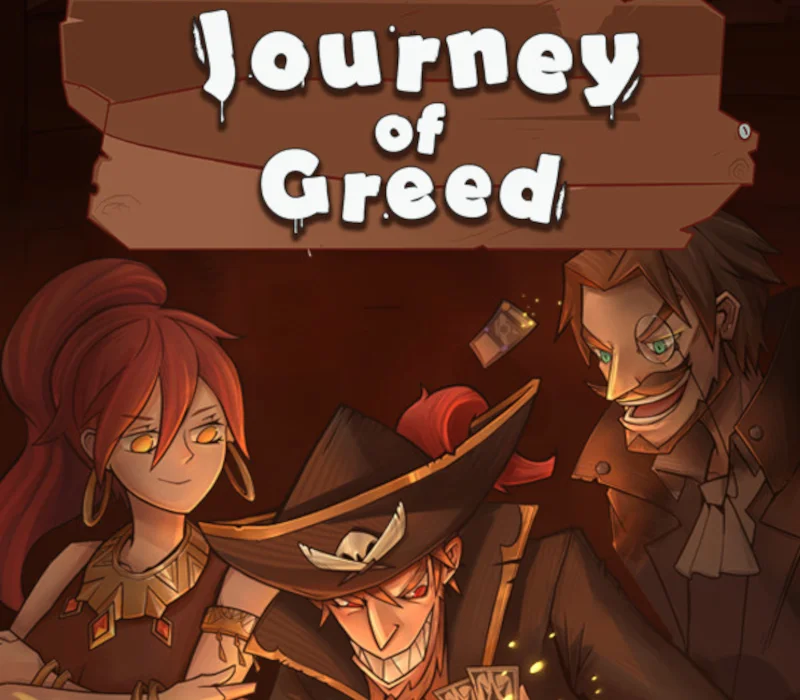Logo Journey of Greed nad trzema rysunkowymi poszukiwaczami