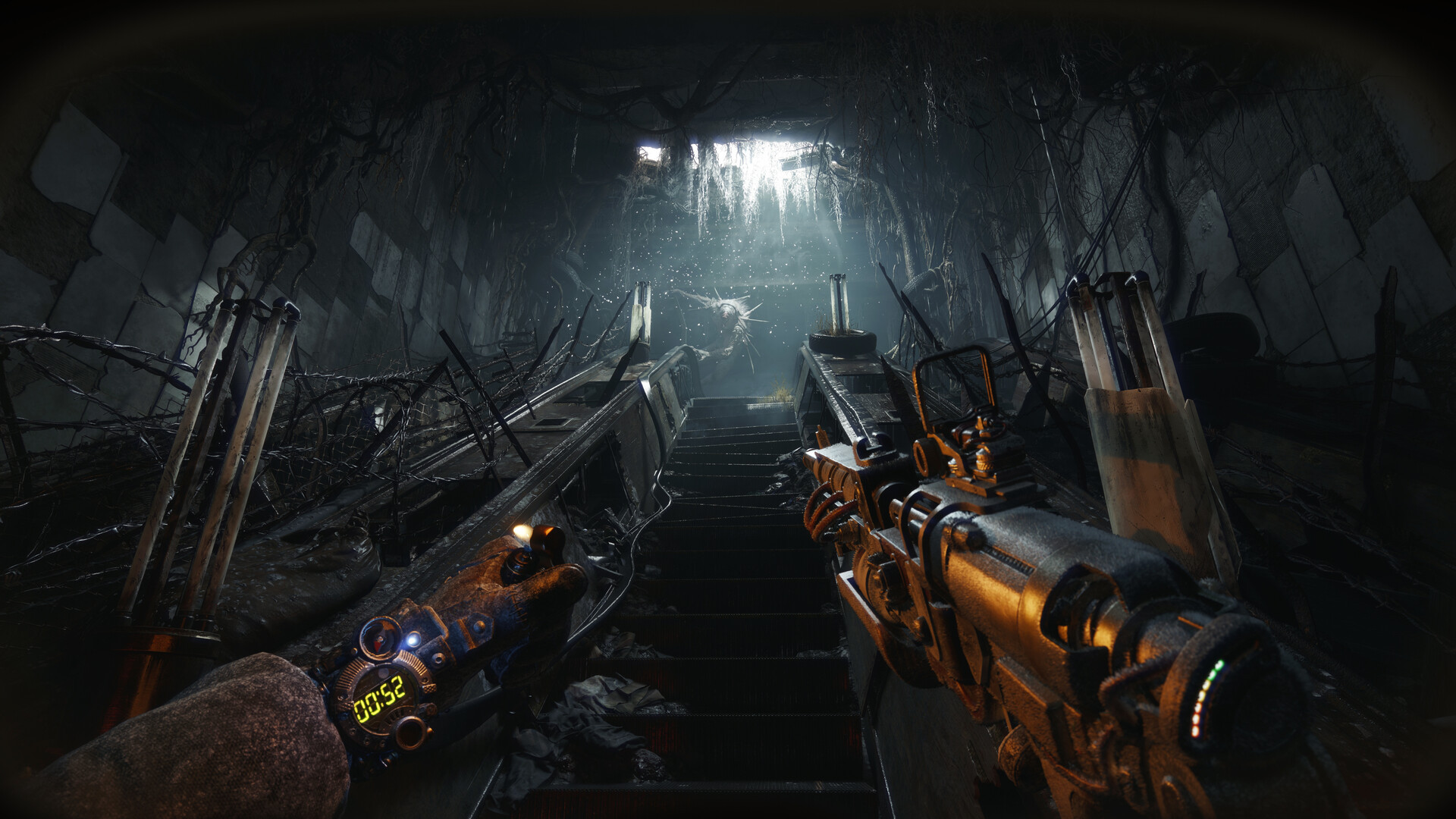 METRO 2039 first-person gameplay in a ruined Moscow Metro station with a lighter in one hand and a makeshift rifle in the other