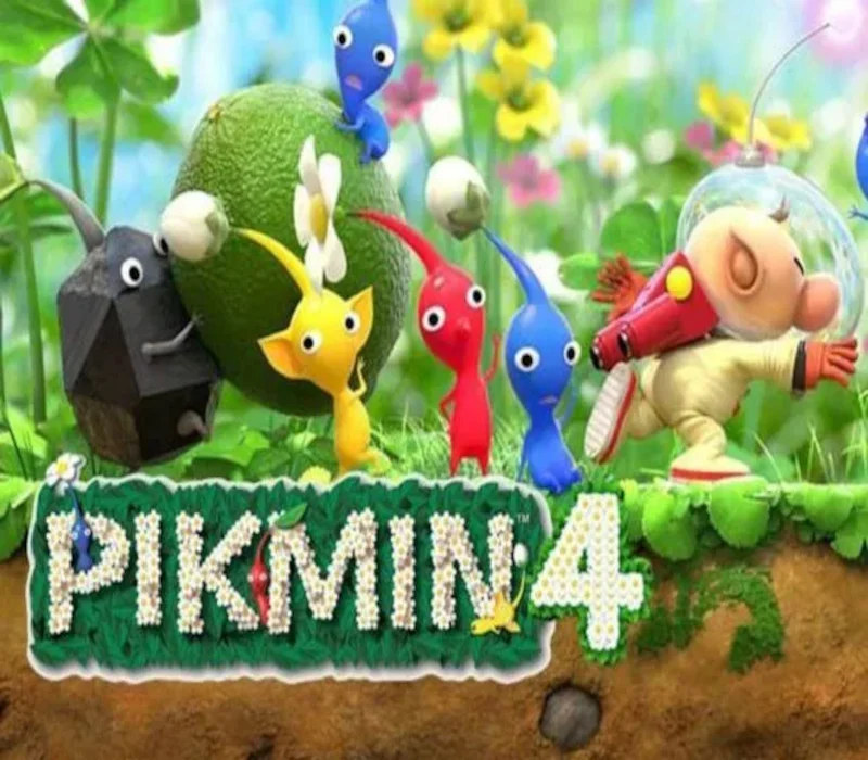 Pikmin 4 cover art, explorer leading Pikmin squad