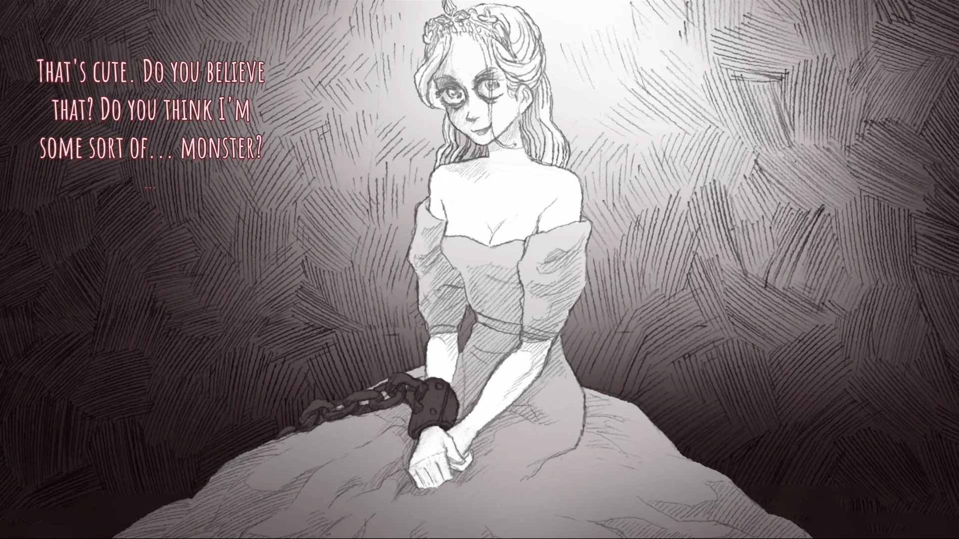 Princess in glasses and an off-shoulder dress, chain on her left wrist, asking if you think she is a monster