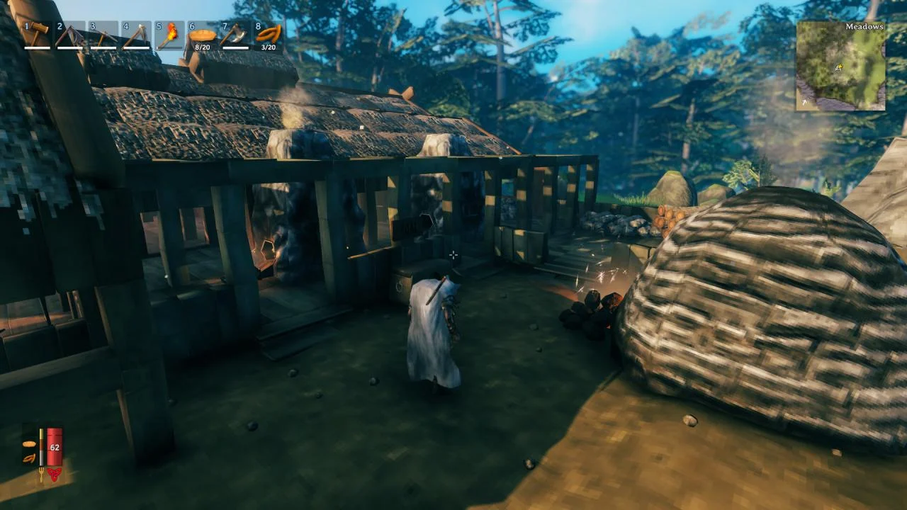 Meadows building site, thatched hall under construction, Viking in a white cloak, HUD 8 of 20 wood, health 62