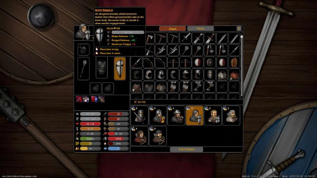 Company stash screen over a wooden table, kite shield tooltip open, swords and a round shield beside the grid