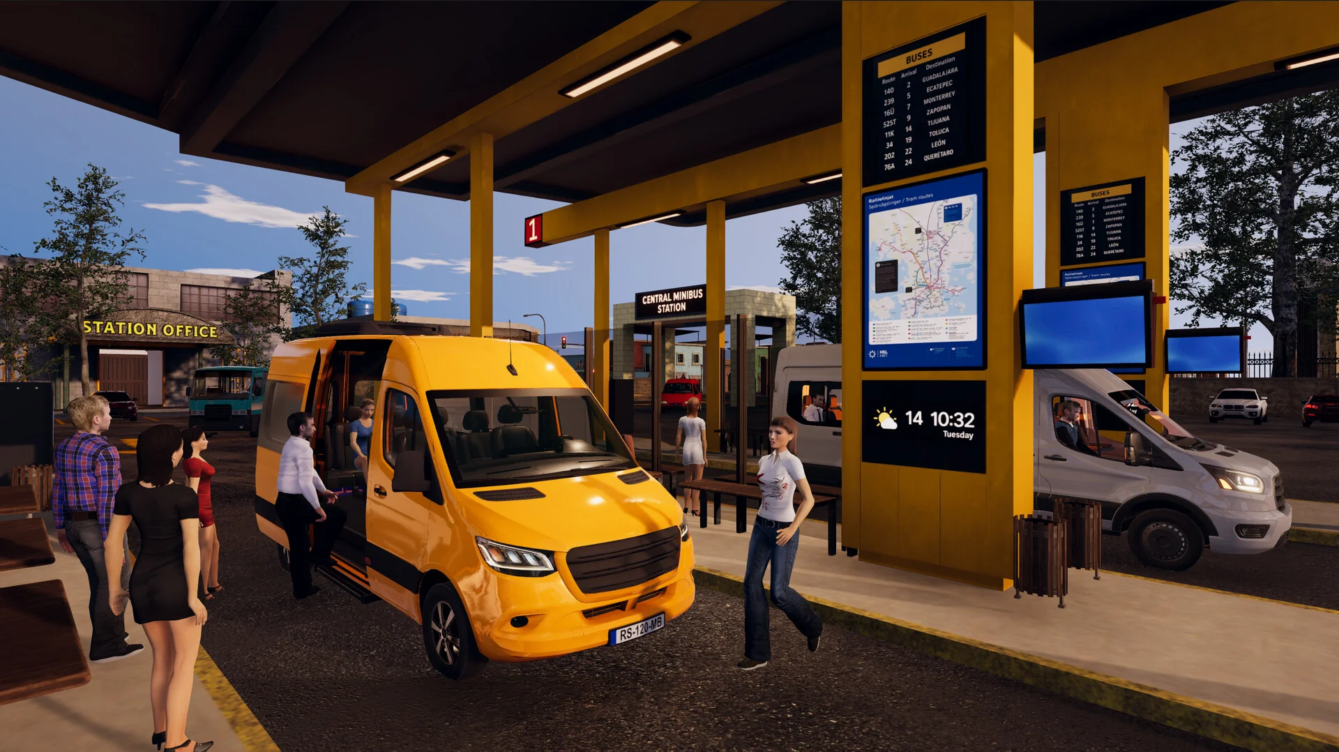 Central Minibus Station bay 1: yellow RS-120-MB boarding, BUSES board, 14 10:32 Tuesday, Station Office