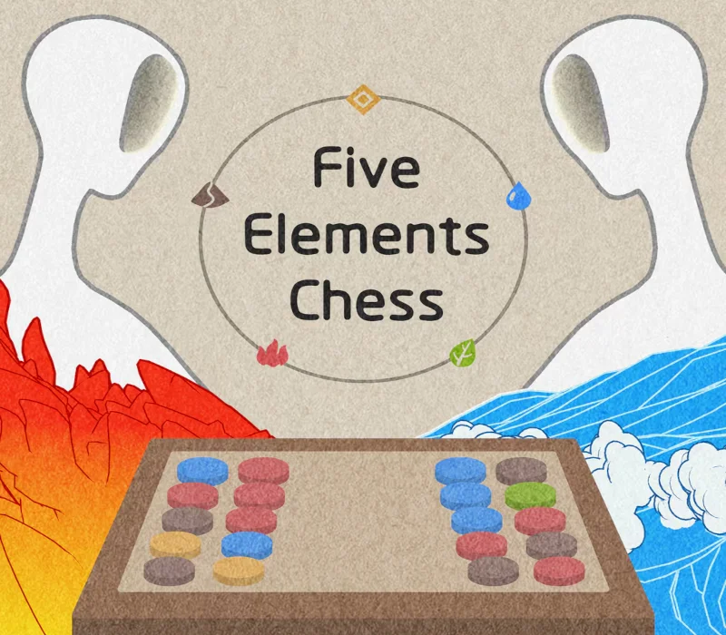 Cover: Five Elements Chess title between two white figures, fire and water, match-three stones on a wooden board