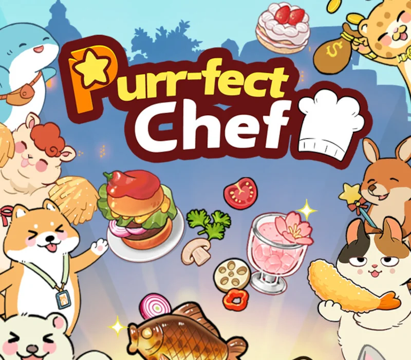 Purr-fect Chef logo with chef hat, Shiba, calico cat holding shrimp, burger, dolphin and giraffe with a gold sack