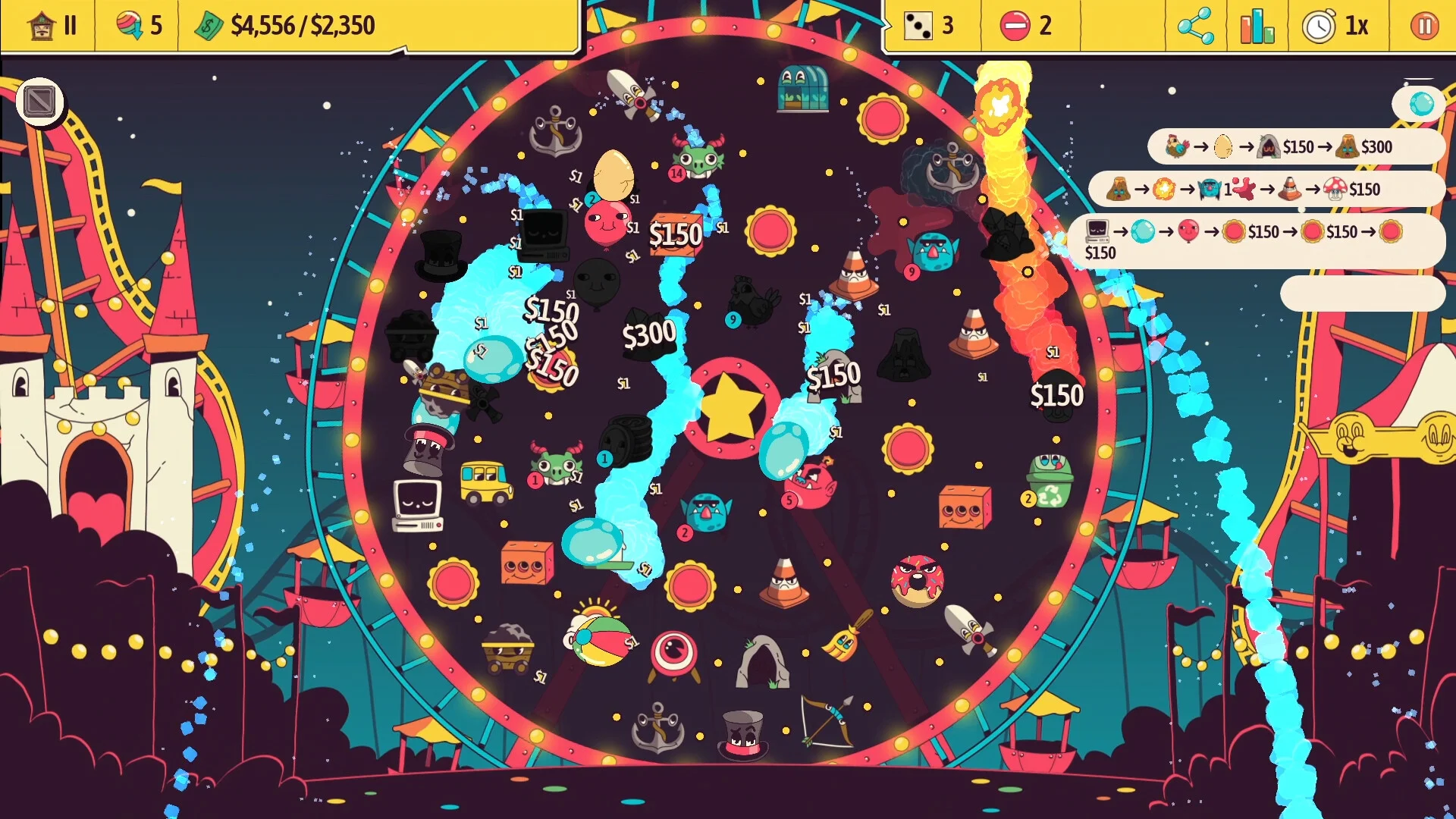 Night carnival wheel: roller coaster, cyan trails, $150 and $300 hits among cartoon tokens