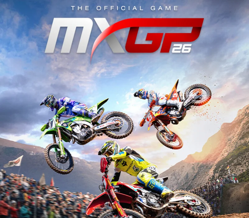 Three motocross bikes jump a packed grandstand under the MXGP 26 The Official Game logo, green Kawasaki, orange KTM and red Honda in the air