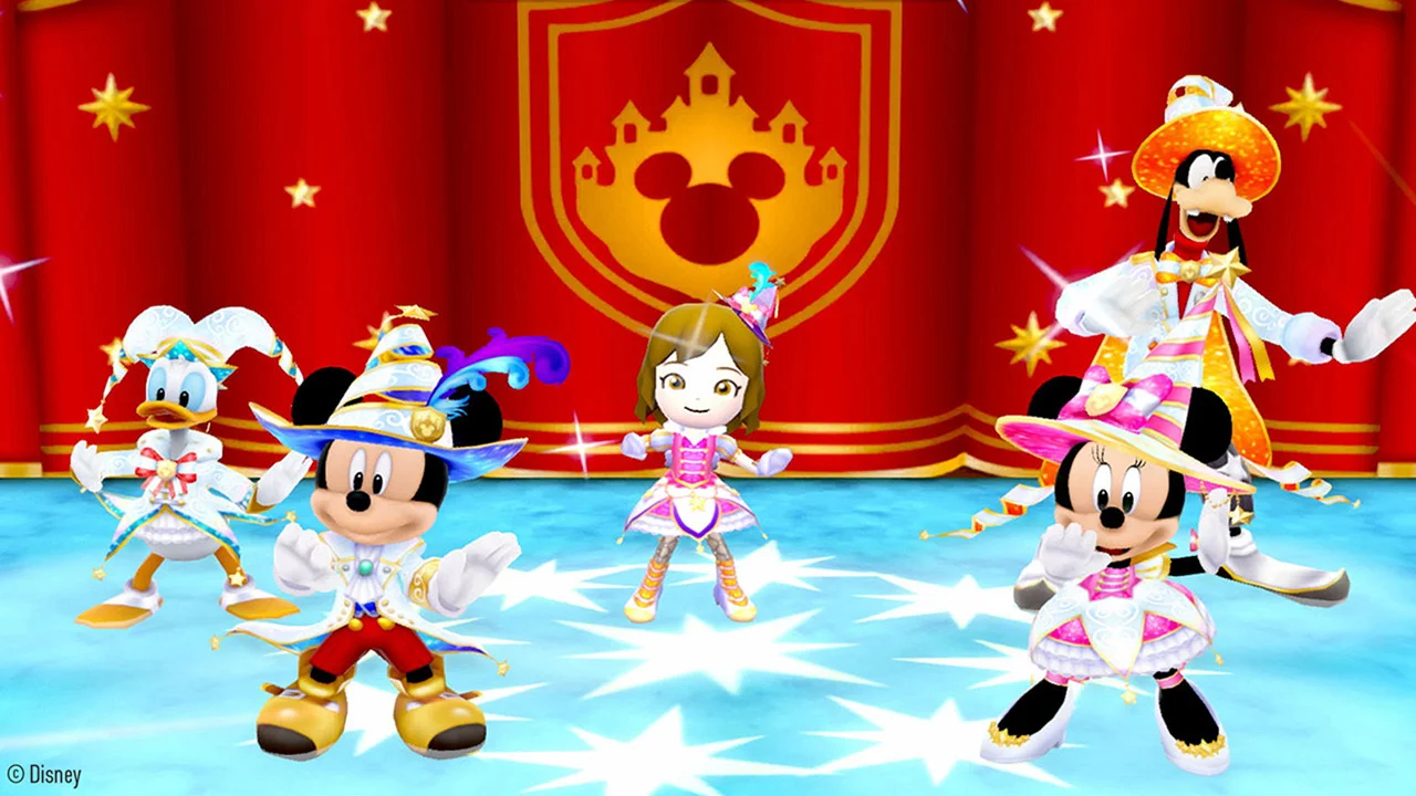 Mickey and friends dancing on a red stage.