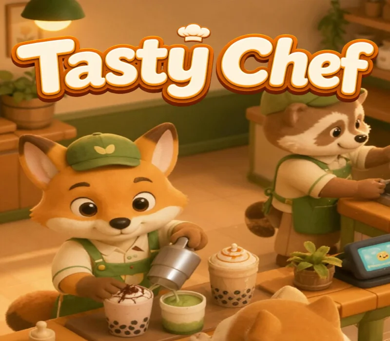 Tasty Chef cover with a fox preparing bubble tea and a raccoon serving at the counter