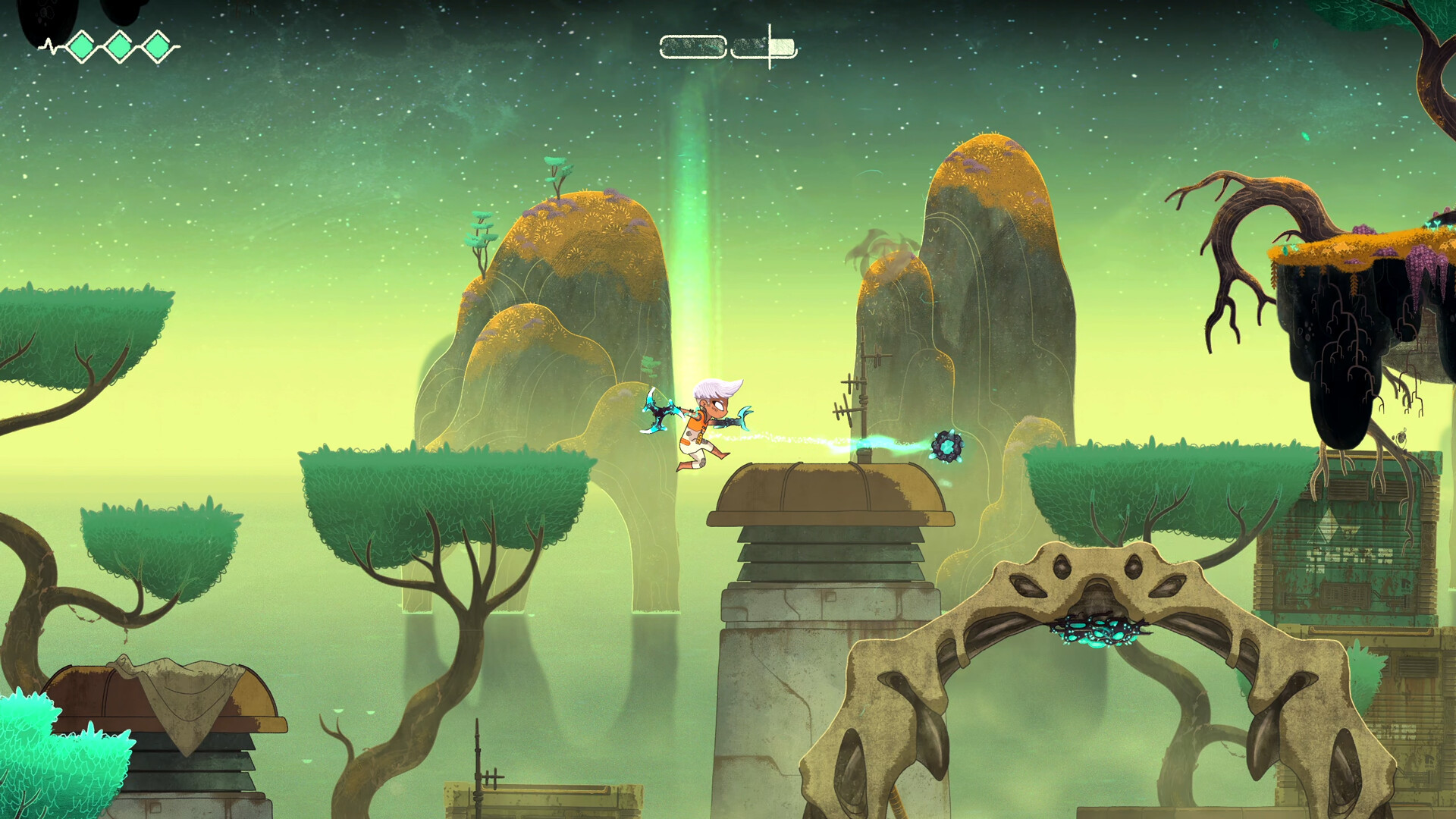 Echo Weaver gameplay of the Weaver leaping between mossy floating islands while firing a glaive energy line